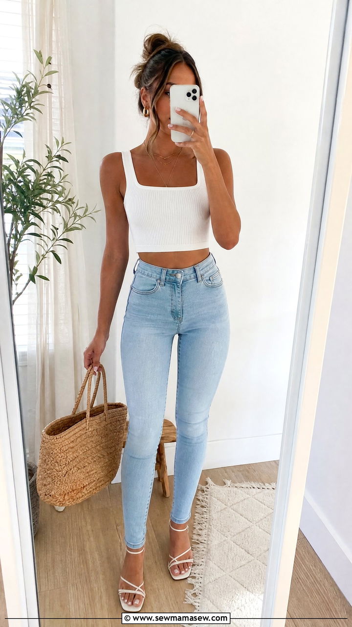 High Rise Skinny Jeans With Crop Top - 25 chic skinny jeans outfit ideas