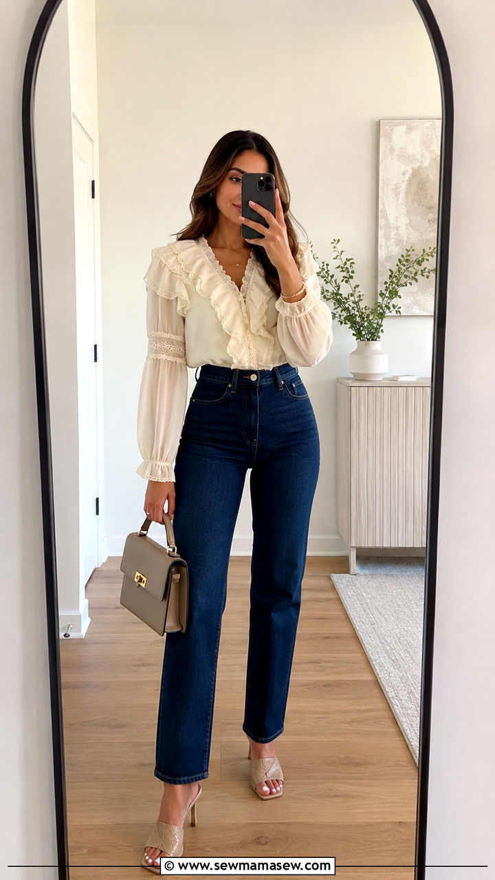 High Rise Straight Leg Jeans with Embellished Blouse - 25 Outfit ideas for pear shape 2026