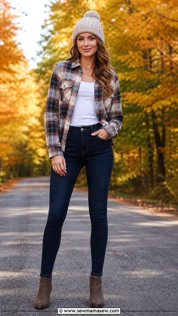 High Rise Stretch Jeggings With Plaid Button Down - 40 Road trip outfit ideas