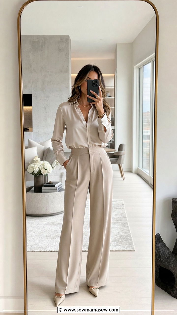 High Rise Wide Leg Trousers With Satin Blouse - 25 classy outfits for women with tummy