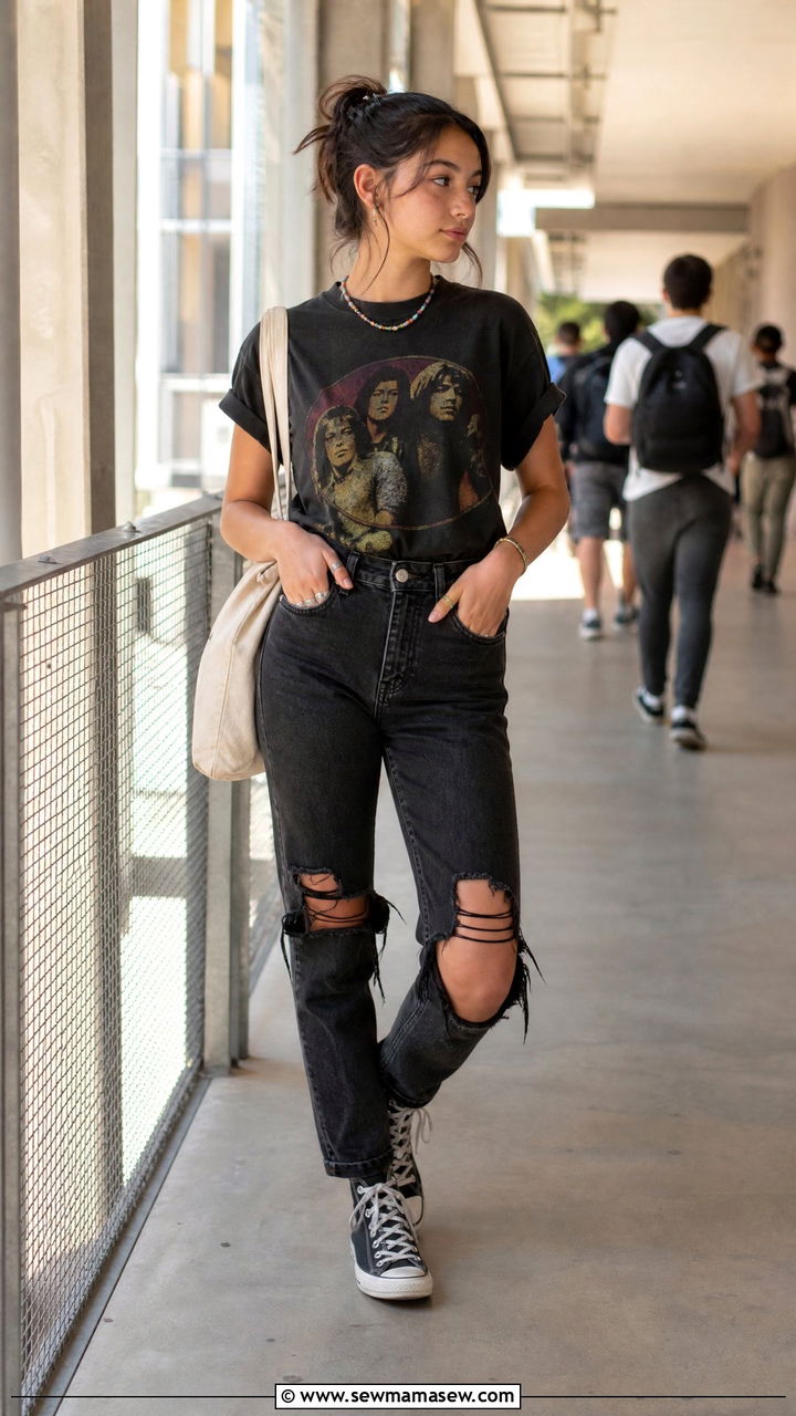 High School Outfit With Band Tee And Ripped Jeans - 35 High school outfit ideas