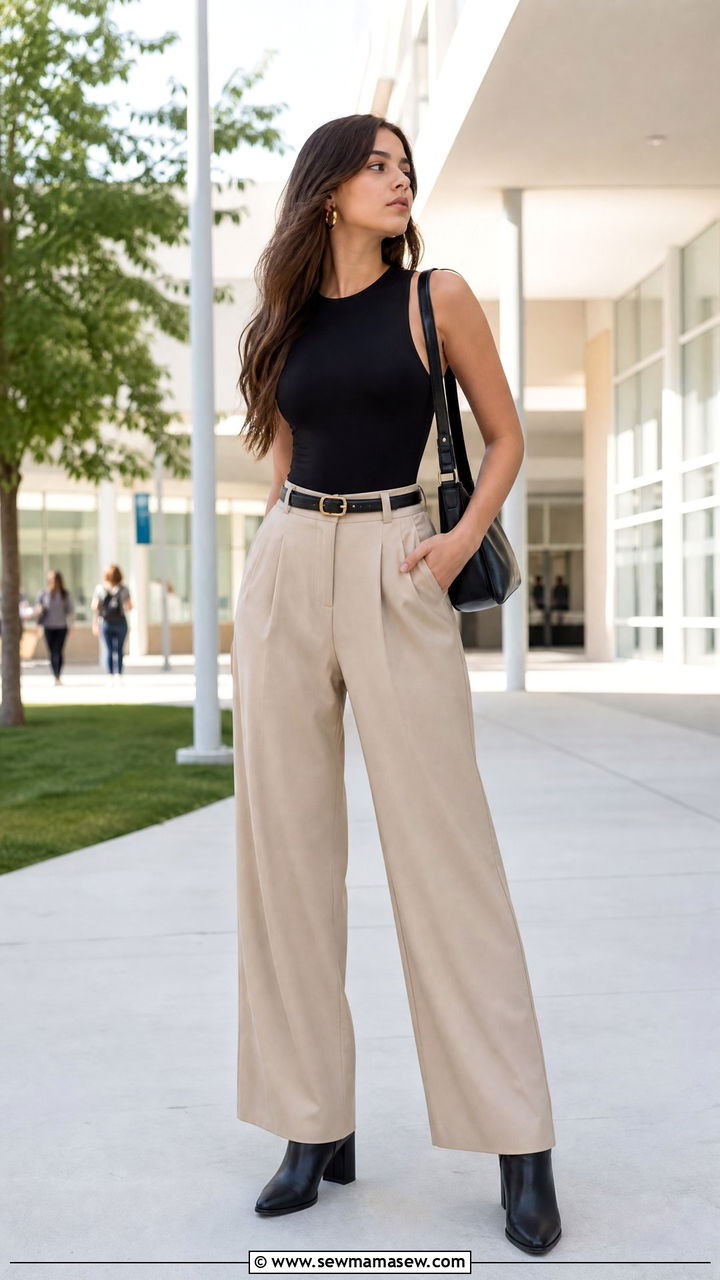 High School Outfit With Bodysuit And Wide Leg Trousers - 35 High school outfit ideas