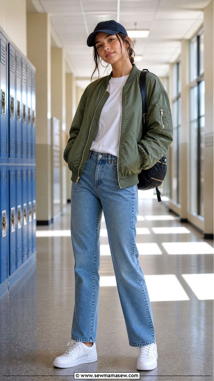 High School Outfit With Bomber Jacket And Straight Leg Jeans - 35 High school outfit ideas