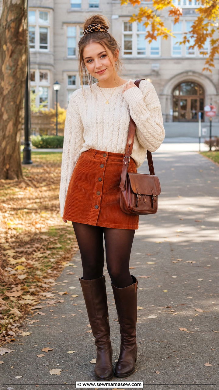High School Outfit With Cable Knit Sweater And Corduroy Skirt - 35 High school outfit ideas