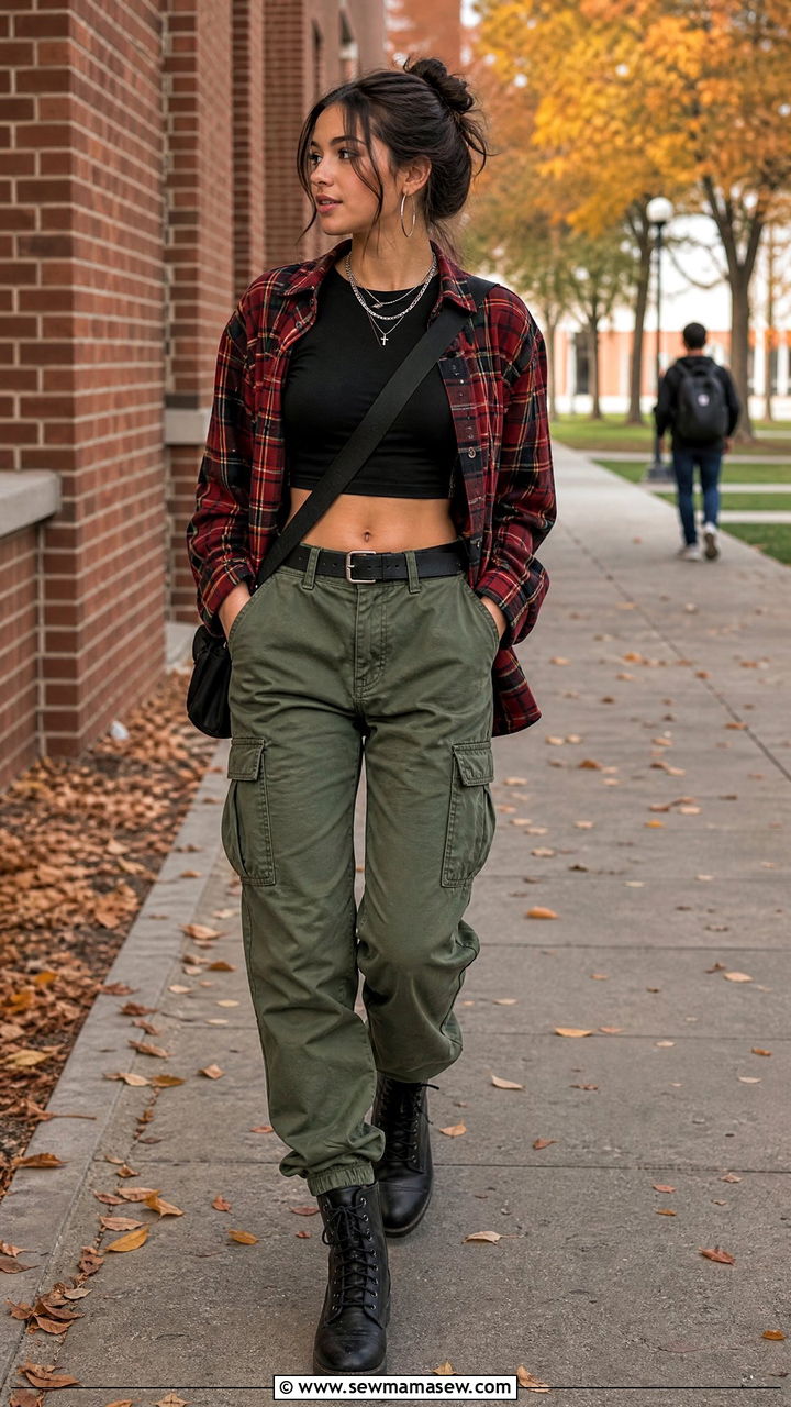 High School Outfit With Flannel Shirt And Cargo Pants - 35 High school outfit ideas