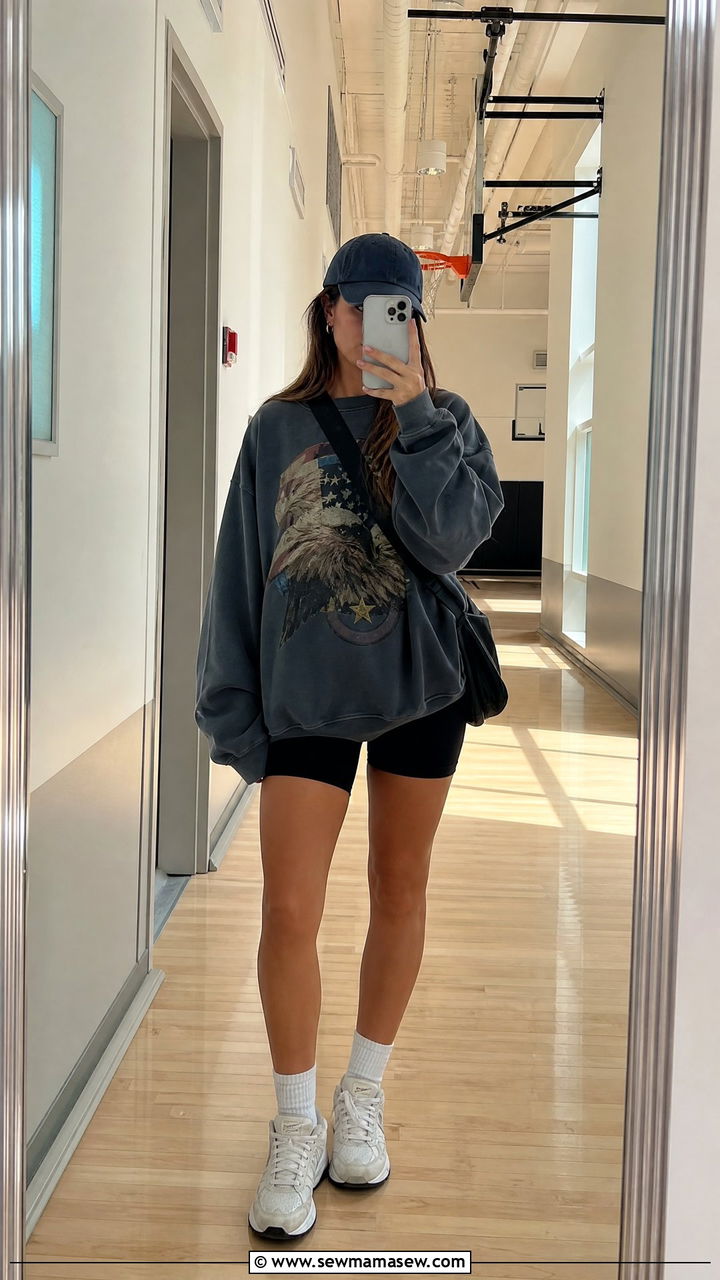 High School Outfit With Graphic Sweatshirt And Biker Shorts - 35 High school outfit ideas