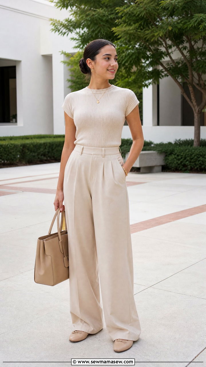 High School Outfit With Monochrome Beige Wide Leg Set - 35 High school outfit ideas