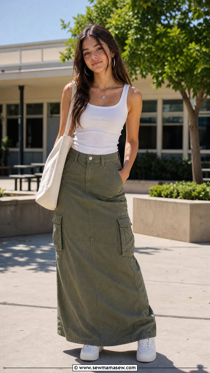 High School Outfit With Ribbed Tank And Cargo Maxi Skirt - 35 High school outfit ideas