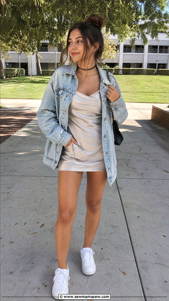 High School Outfit With Slip Dress And Oversized Denim Jacket - 35 High school outfit ideas