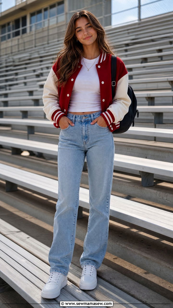 High School Outfit With Varsity Jacket And Jeans - 35 High school outfit ideas