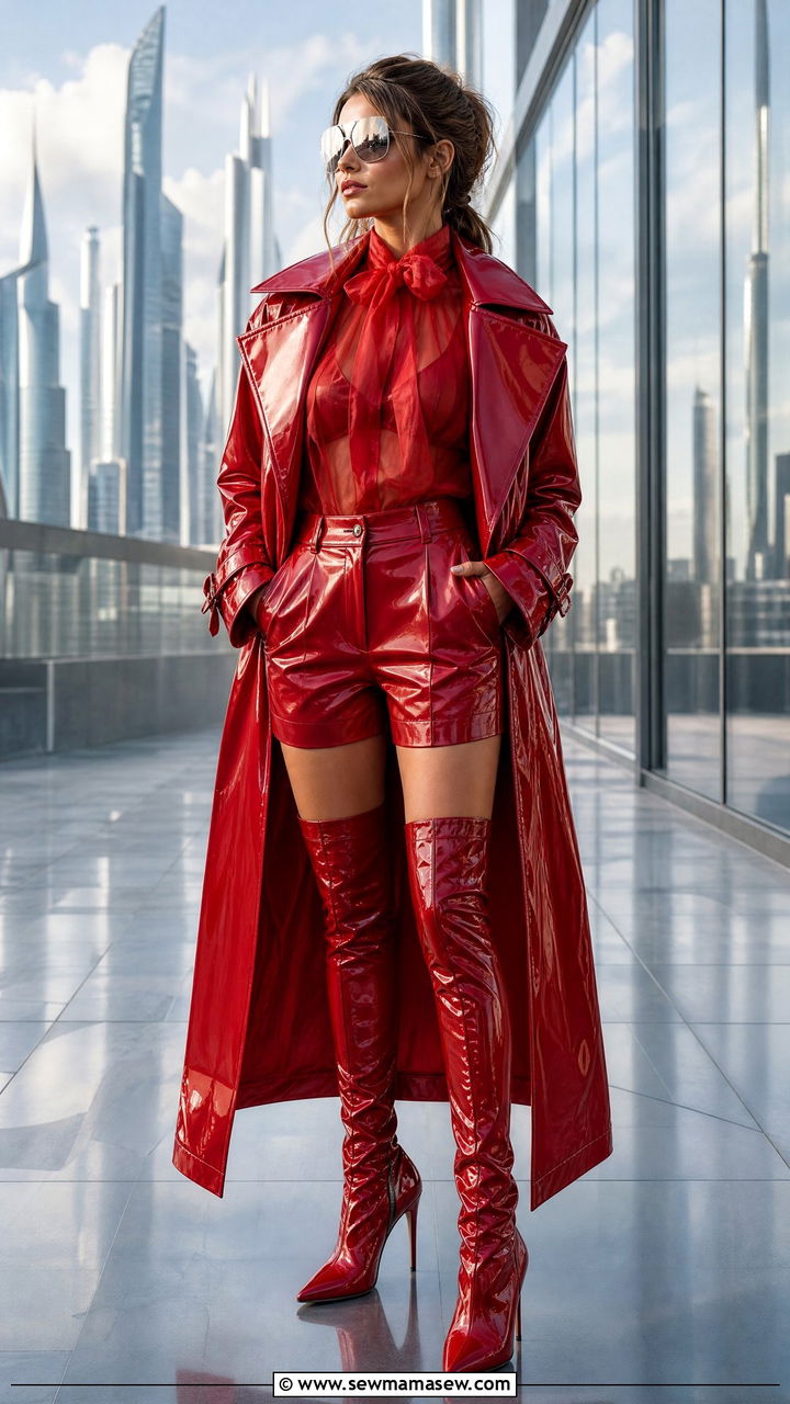 High Shine Vinyl Trench with Sheer Layers Outfit - 35 maximalist outfits