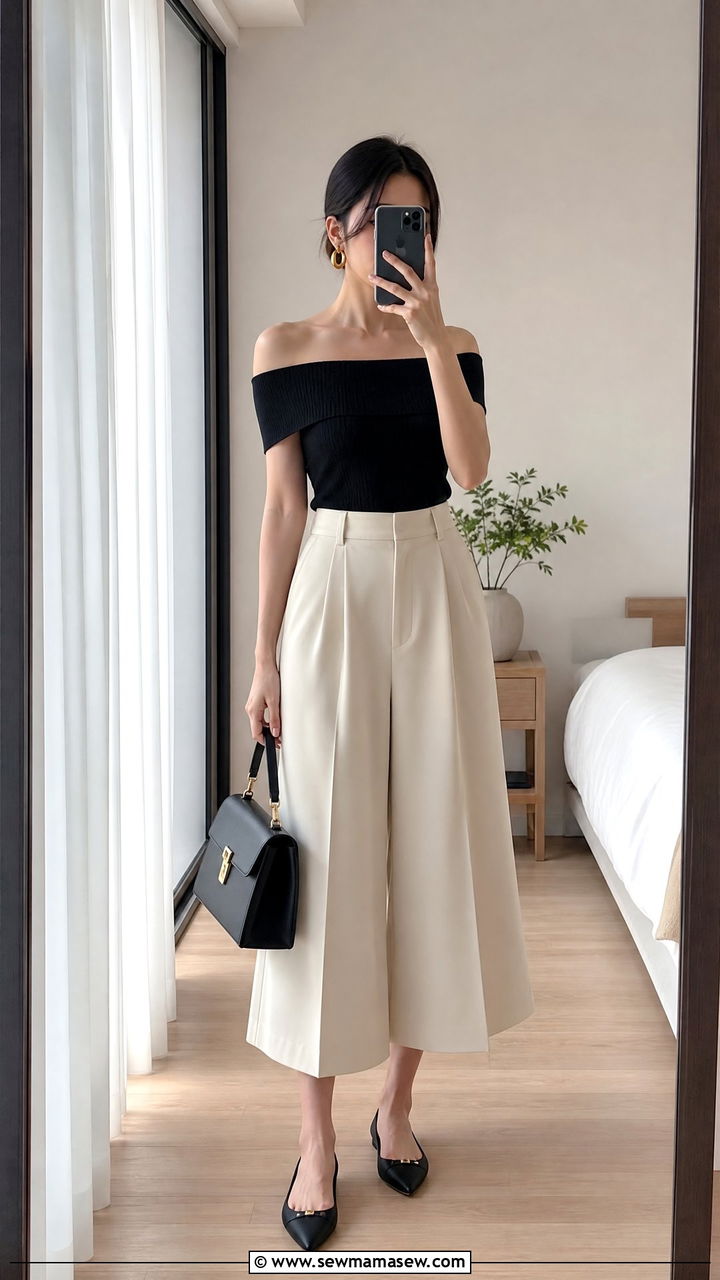 High Waist Culottes with Off Shoulder Top - 35 Graduation outfits for guests