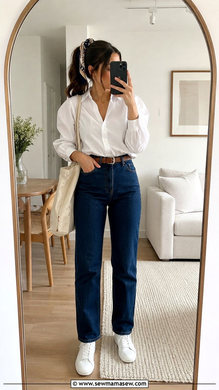 High Waist Jeans And Tucked In Blouse Outfit - 25 Mid century outfit ideas
