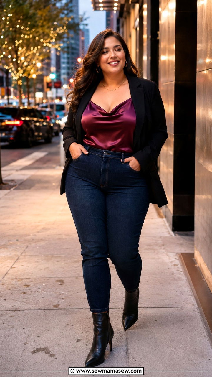 High Waist Jeans with Statement Top and Structured Blazer - 30 Plus size birthday outfit ideas