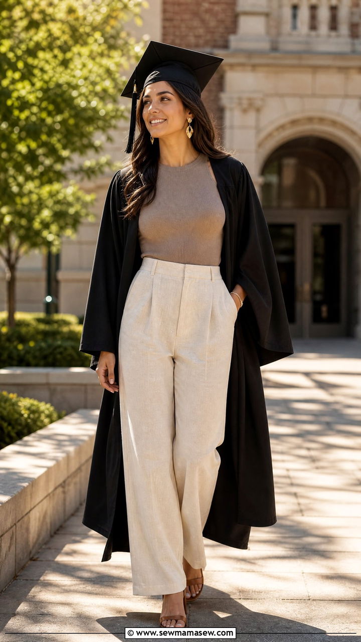High Waist Linen Trousers with Fitted Knit Top - 30 Graduation cap and gown outfit ideas