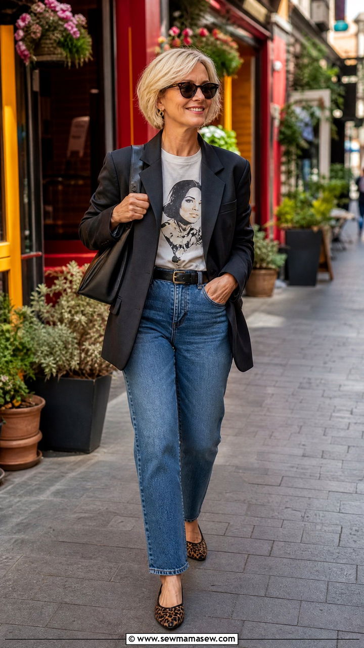 High Waist Straight Jeans With Graphic Tee And Oversized Blazer - 35 Jeans outfit ideas for women over 50