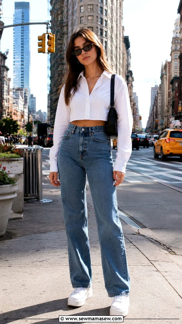 High Waist Straight Leg Jeans With Cropped Button Down And Platform Sneakers - 30 Straight leg jeans outfit ideas with a button down
