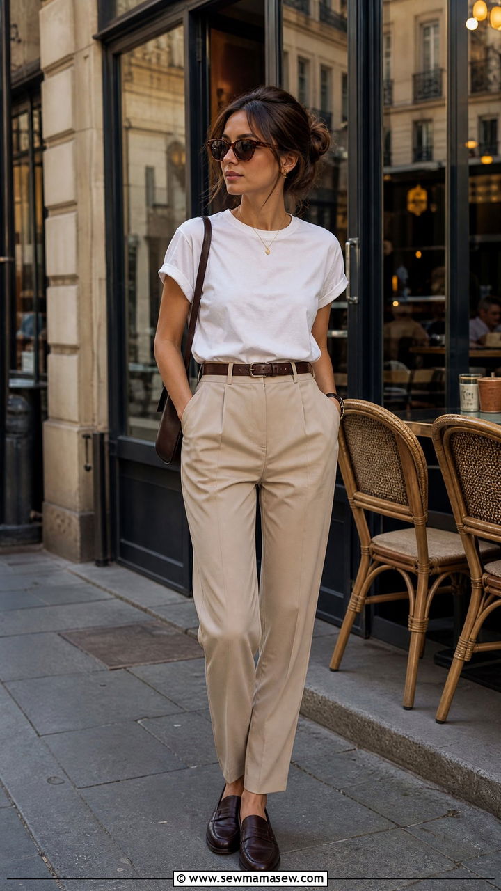 High Waist Trousers With A Tucked Cotton Tee and Leather Loafers - 30 French girl outfit ideas petite