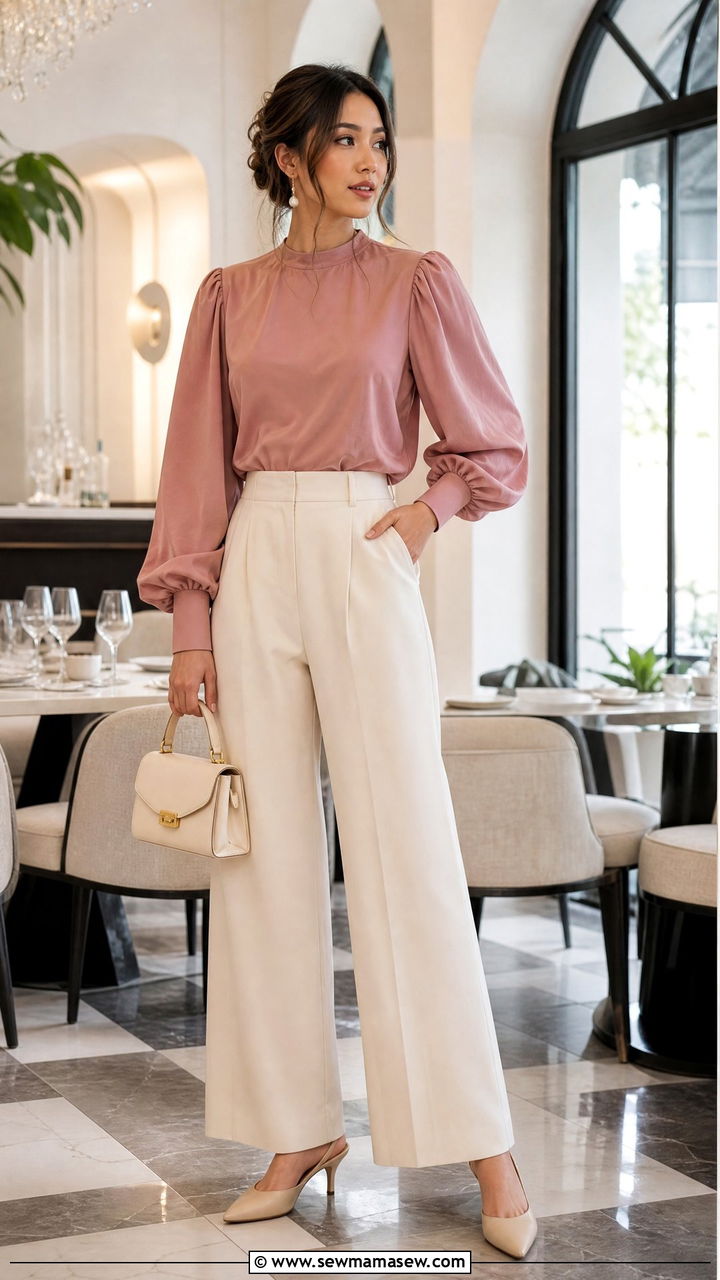 High Waist Trousers With Puff Sleeve Blouse - 35 LA brunch outfit ideas