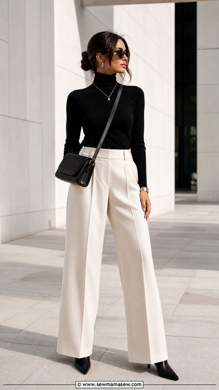 High Waist Wide Leg Trousers And Fine Knit Turtleneck Outfit - 25 Salesperson outfit ideas