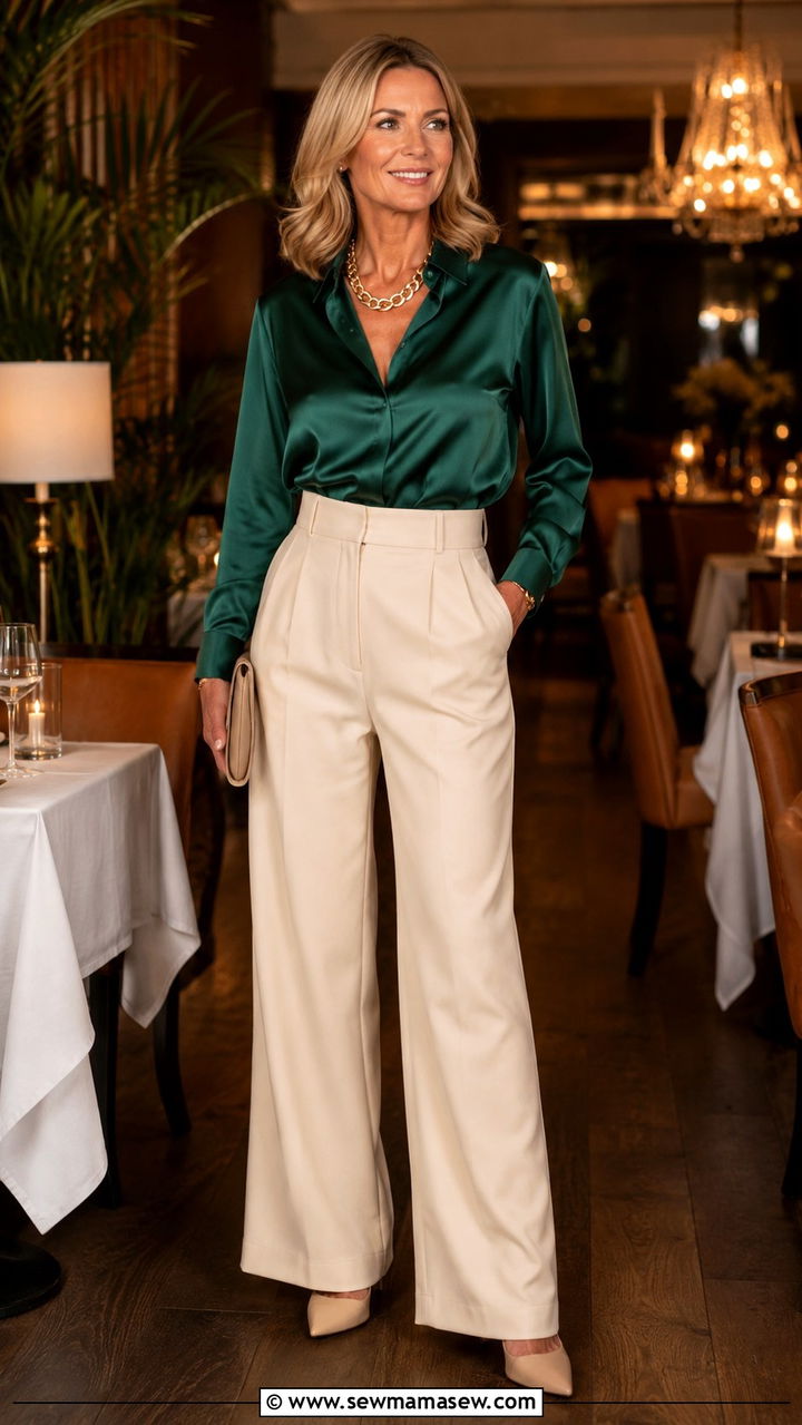 High Waist Wide Leg Trousers With a Silk Blouse - 30 Trendy outfit ideas for women over 60