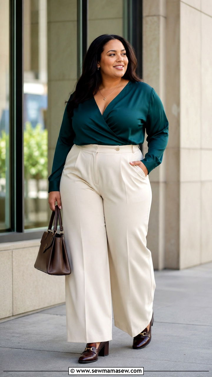 High Waist Wide Trousers With Wrap Blouse - 20 work outfits for women with big bust