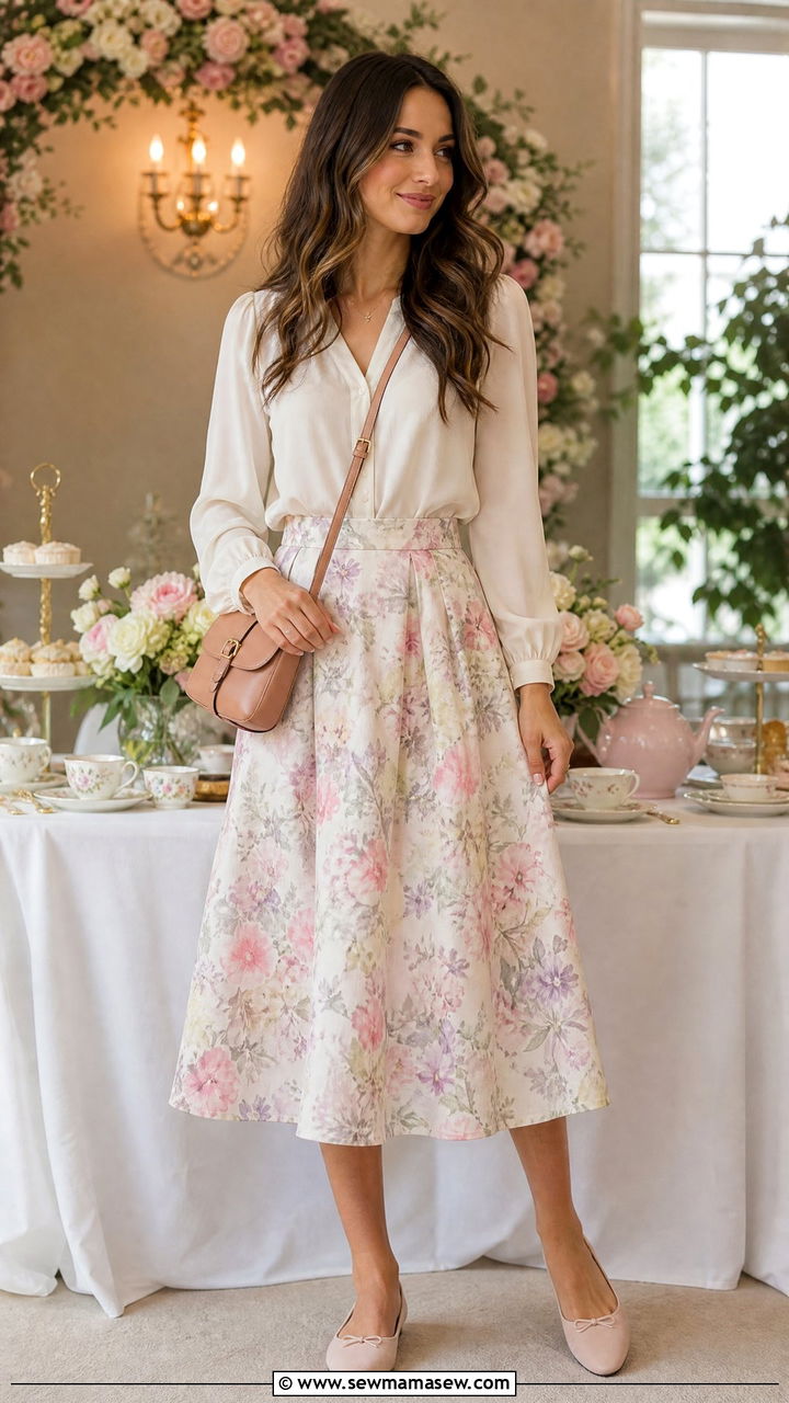 High Waisted A Line Skirt With A Tucked In Blouse - 25 Casual baby shower outfits