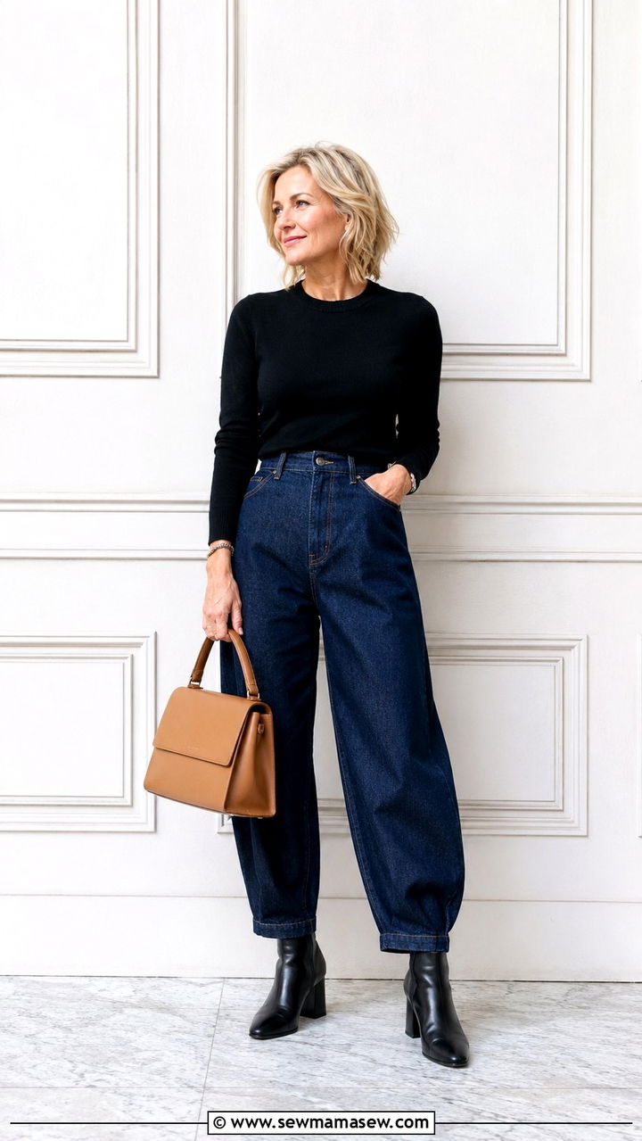 High Waisted Balloon Jeans with a Fitted Dark Knit - 30 scandinavian outfit ideas for women over 40