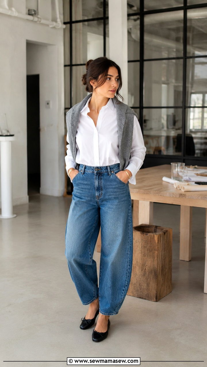 High Waisted Barrel Jeans With Ballet Flats - 30 High waisted jeans outfit ideas with flats