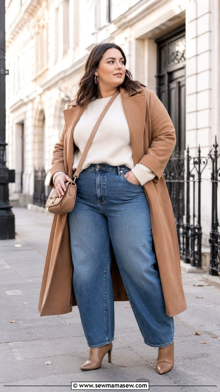 High Waisted Barrel Jeans with Knit Sweater - 25 Plus size outfit ideas for 16-18
