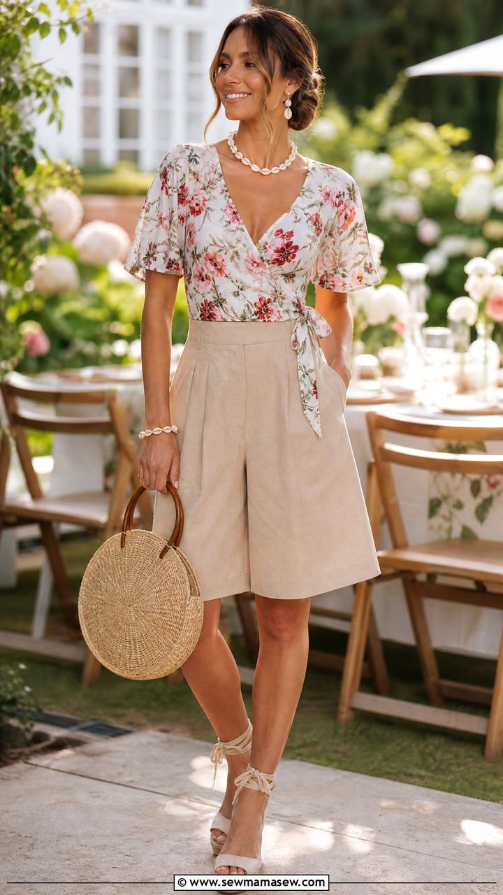 High Waisted Bermuda Shorts With Wrap Top - 30 Summer outfits with bermuda shorts