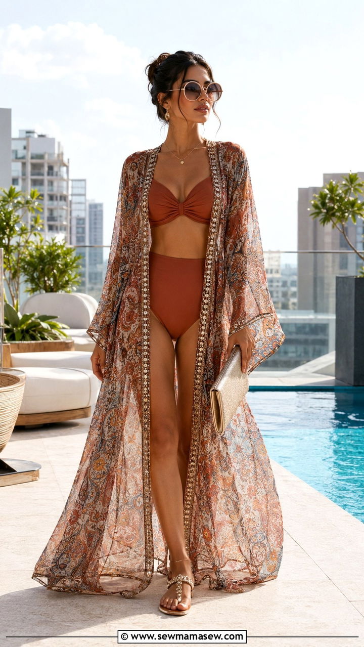 High Waisted Bikini With Sheer Kaftan Cover Up - 25 Modest outfit ideas for pool