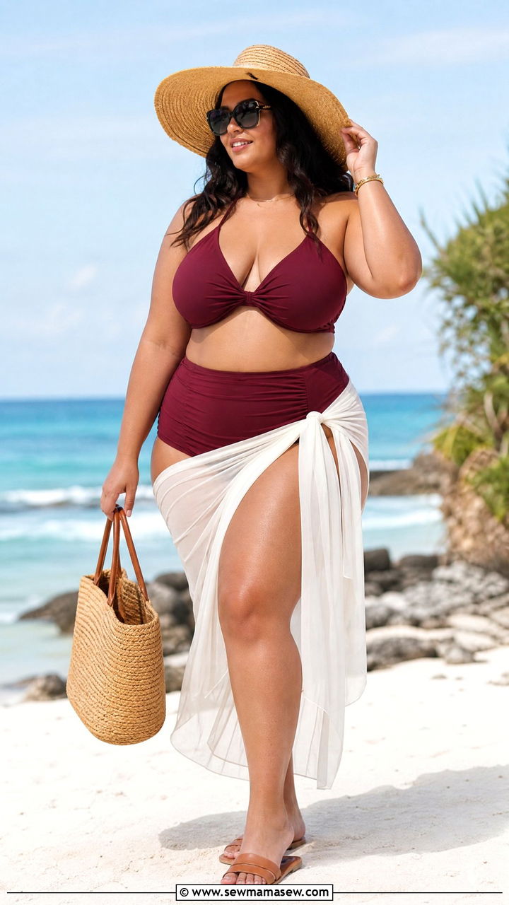 High Waisted Bikini With Sheer Sarong - 30 Plus size swimsuit outfit ideas