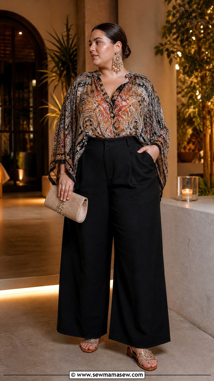 High Waisted Black Linen Pants with a Flowy Tunic and Statement Earrings - 40 linen pants outfit ideas for women