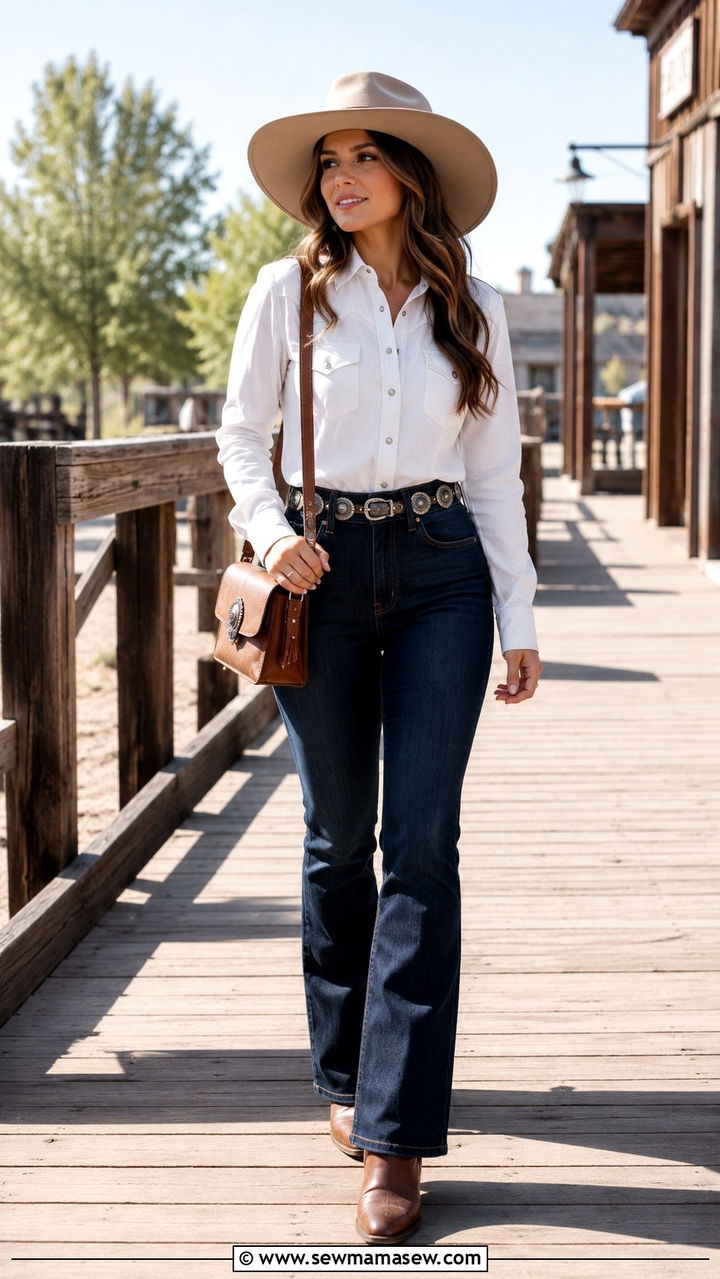 High Waisted Bootcut Jeans and Cowboy Boots Outfit Petite - 25 Western outfit ideas petite
