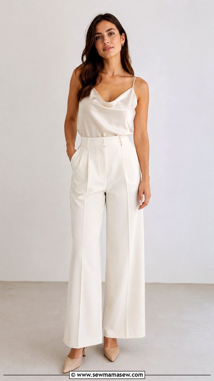 High Waisted Cream Trousers With Tucked In Silk Tank - 30 casual minimalist outfits