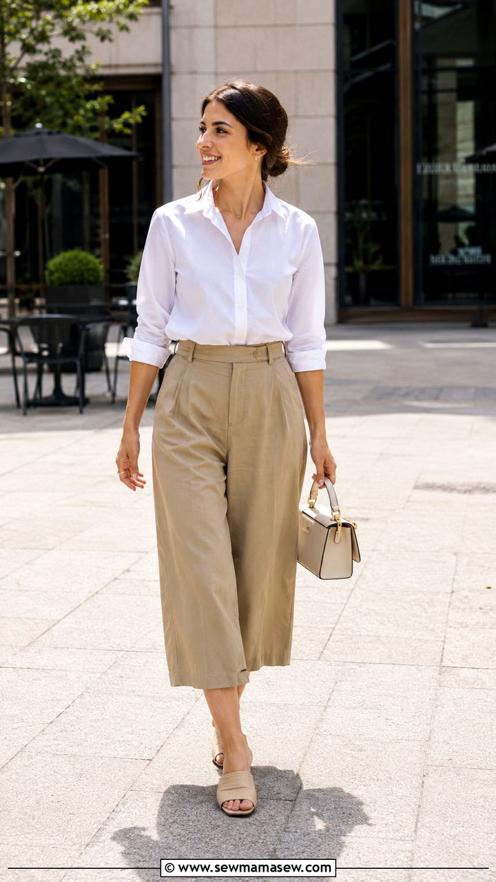 High Waisted Culottes With Tucked In Blouse - 30 Petite work outfit ideas summer