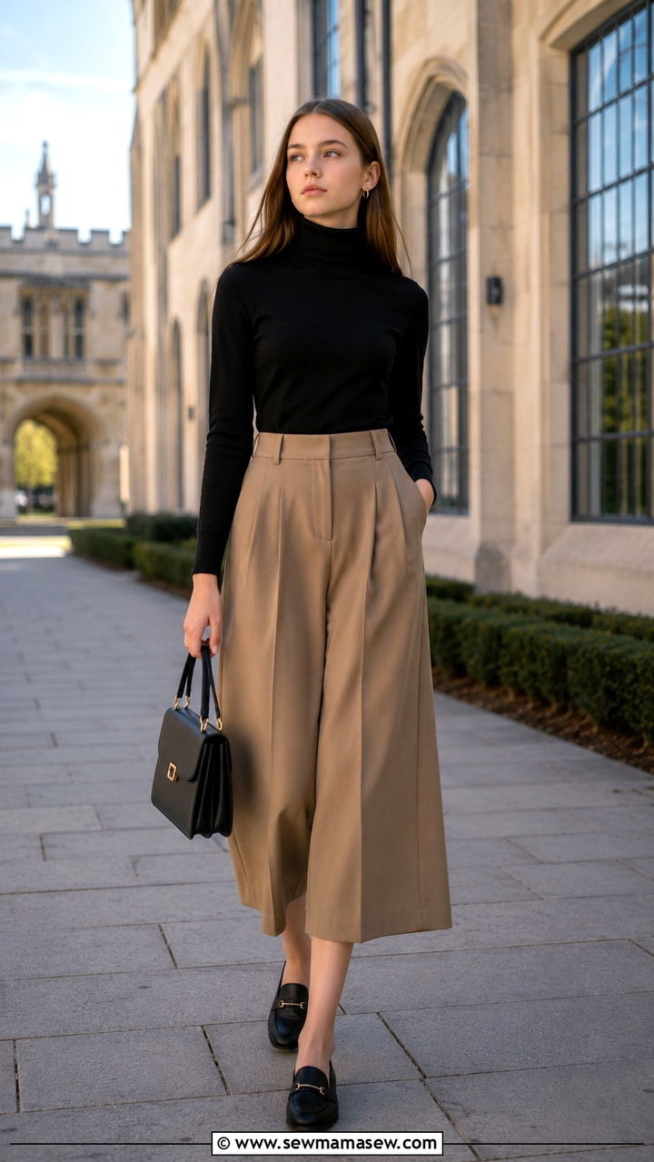 High Waisted Culottes With Tucked In Turtleneck - 30 Modest outfit ideas for teens