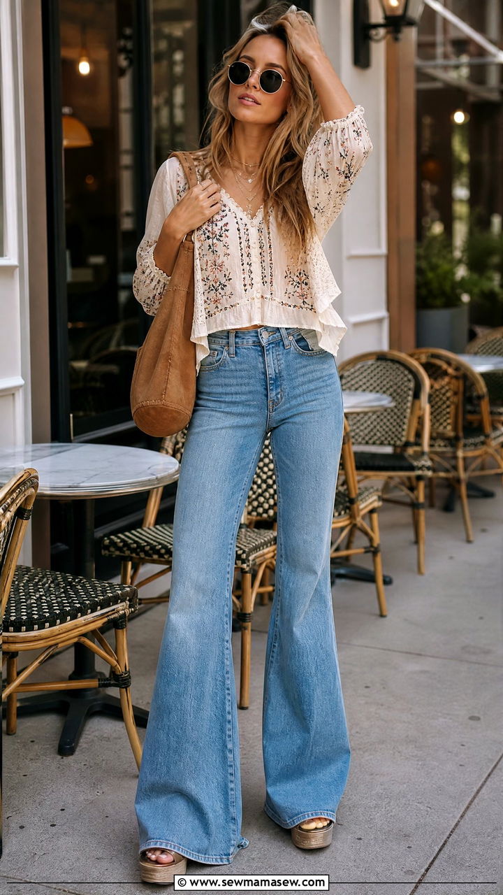 High Waisted Denim Flares With Breezy Embroidered Top - 25 Free People boho outfit ideas