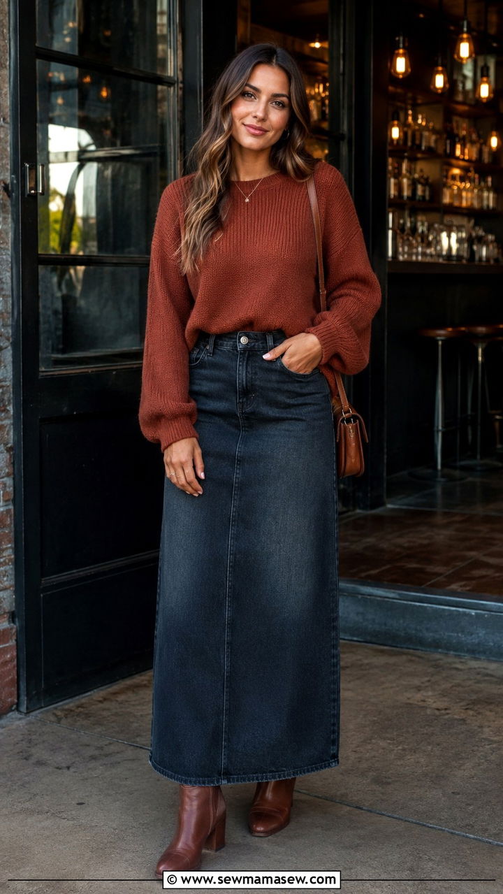 High Waisted Denim Maxi Skirt With Fitted Knit Sweater And Ankle Boots - 30 modest girls night out outfit ideas