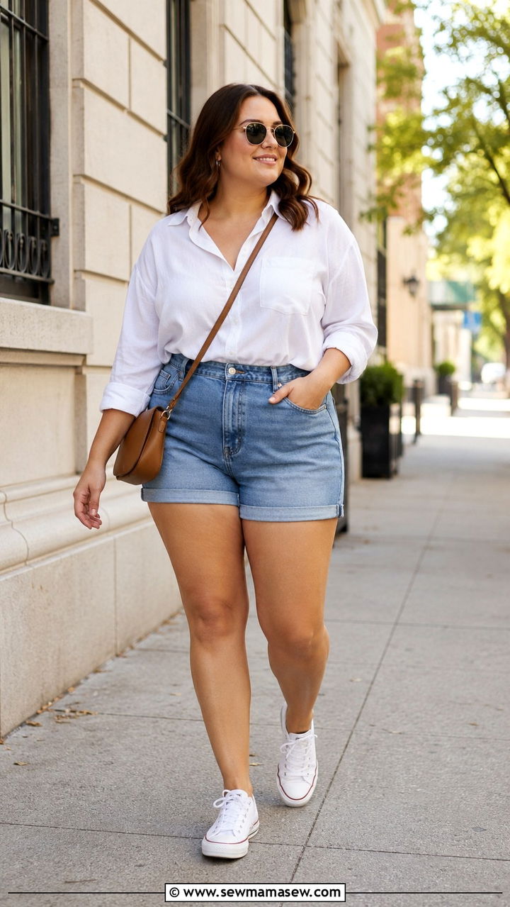 High Waisted Denim Shorts And Breezy Button Up - 25 Plus size outfit ideas size 16 summer