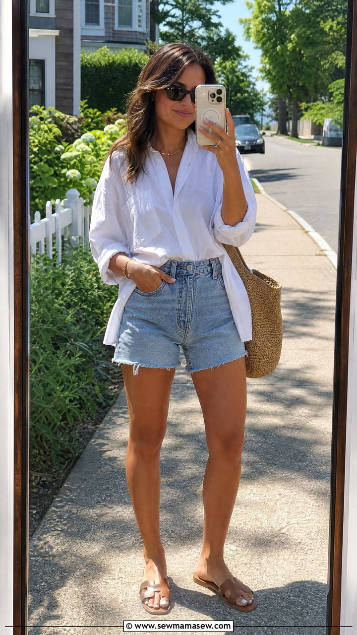 High Waisted Denim Shorts With Oversized Shirt - 35 Midsize summer outfit ideas