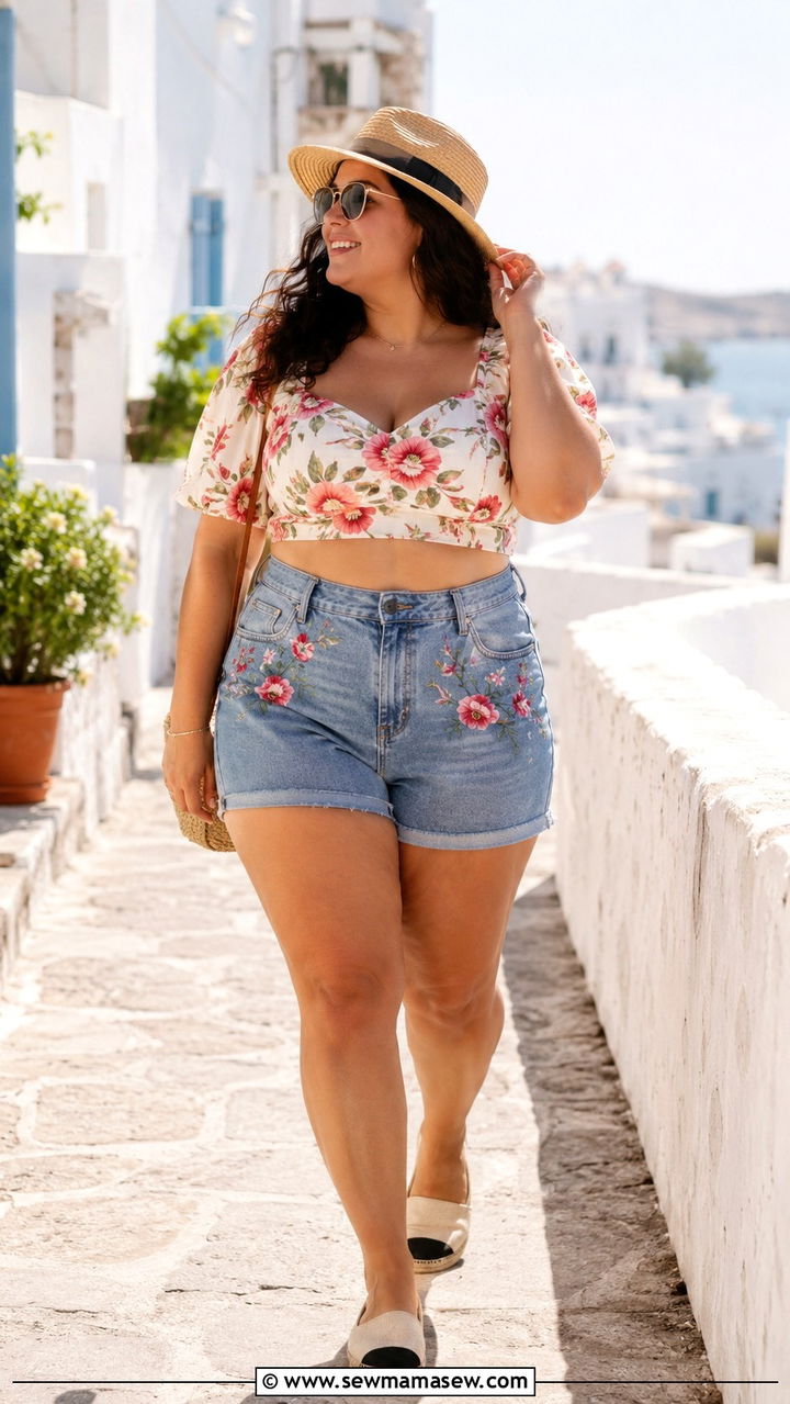 High Waisted Denim Shorts and Cropped Blouse - 25 Vacation outfit ideas plus size women