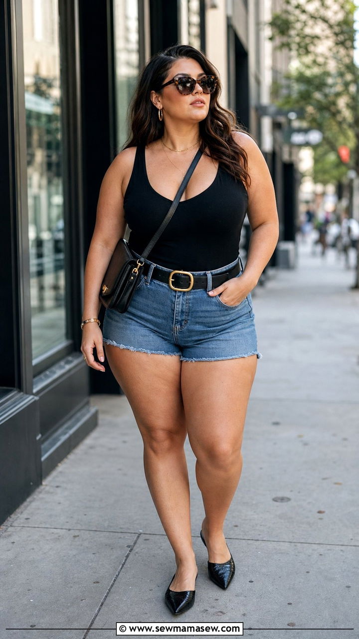 High Waisted Denim Shorts with Bodysuit and Belt - 25 Denim shorts outfit ideas plus size