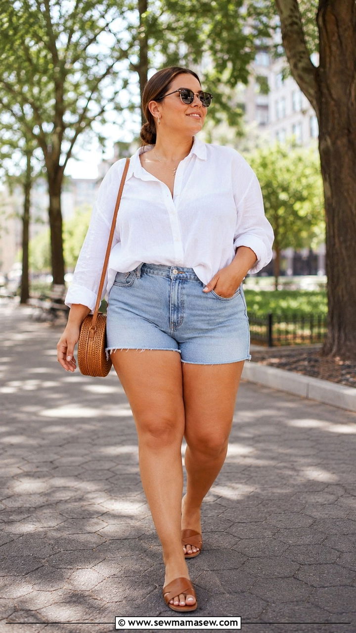High Waisted Denim Shorts with Oversized Button Down - 25 Plus size outfit ideas for 16-18