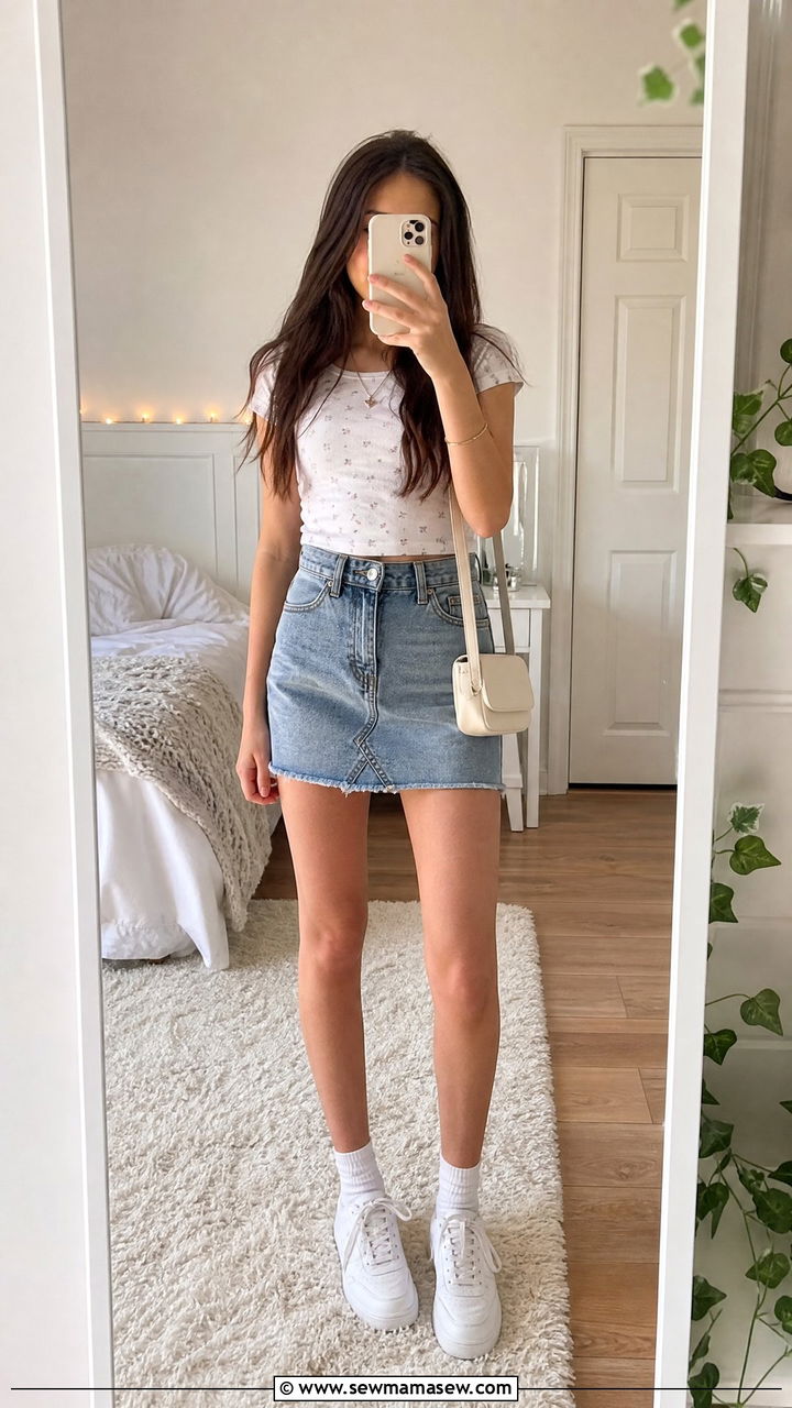 High Waisted Denim Skirt with Fitted Baby Tee - 30 Cute outfits for teen girls