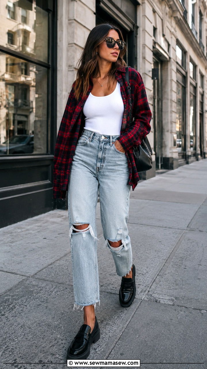 High Waisted Distressed Jeans With Chunky Loafers - 30 High waisted jeans outfit ideas with flats