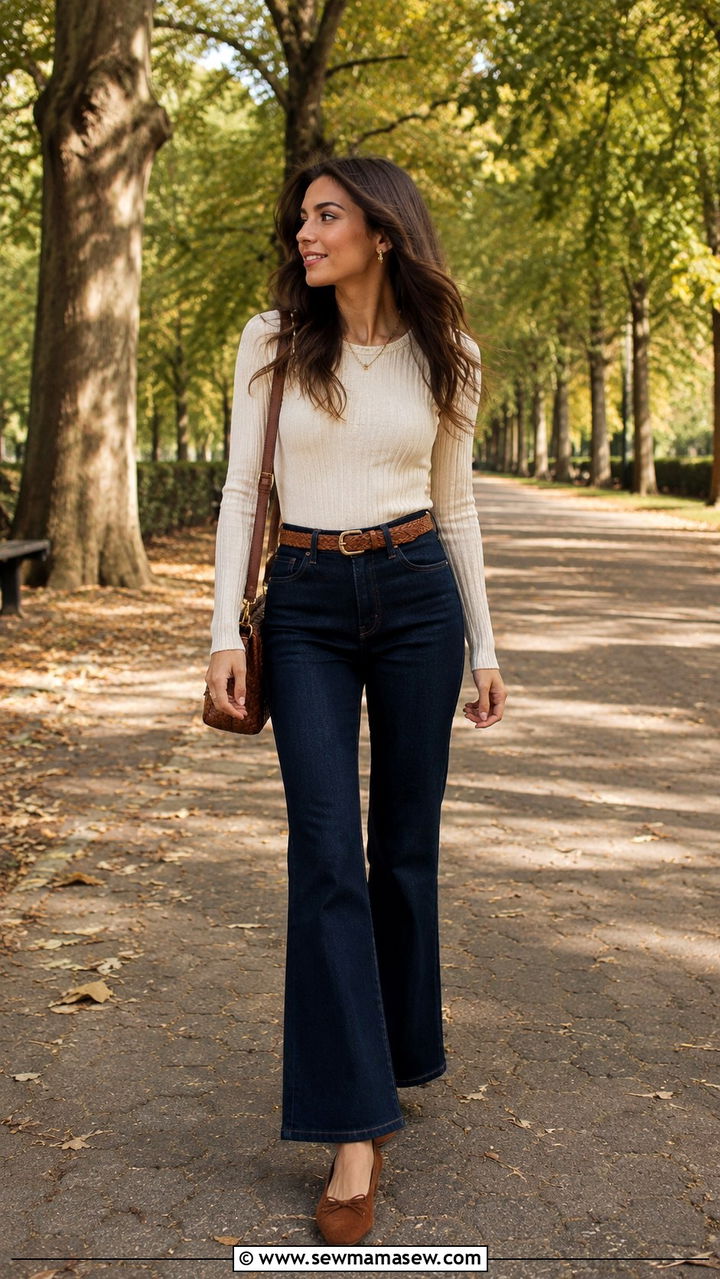 High Waisted Flare Jeans With Ballet Flats - 30 High waisted jeans outfit ideas with flats