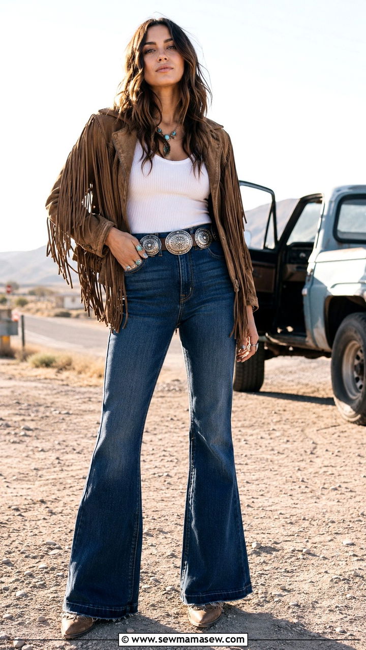 High Waisted Flare Jeans With Concho Belt and Fringe Jacket - 25 Boho outfit ideas with concho belt