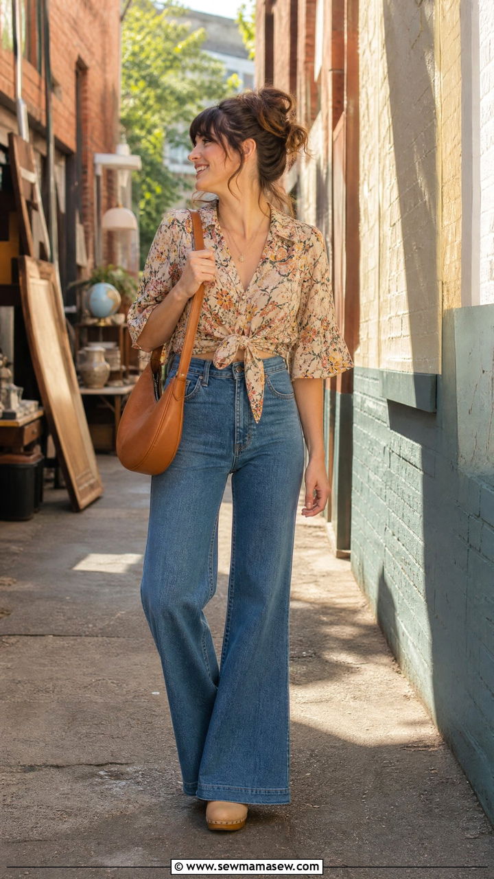 High Waisted Flared Jeans With A Tie Front Blouse - 25 spring retro summer outfit ideas